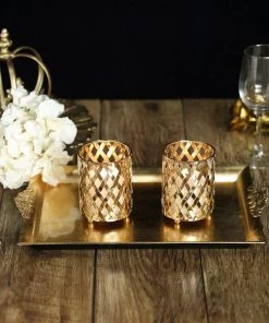 HIER_4310 2 Pack | 4" Metal Gold Candle Holder Set | Criss Cross Design Votive Holder | Wedding Table Centerpieces Chargers & Centerpieces