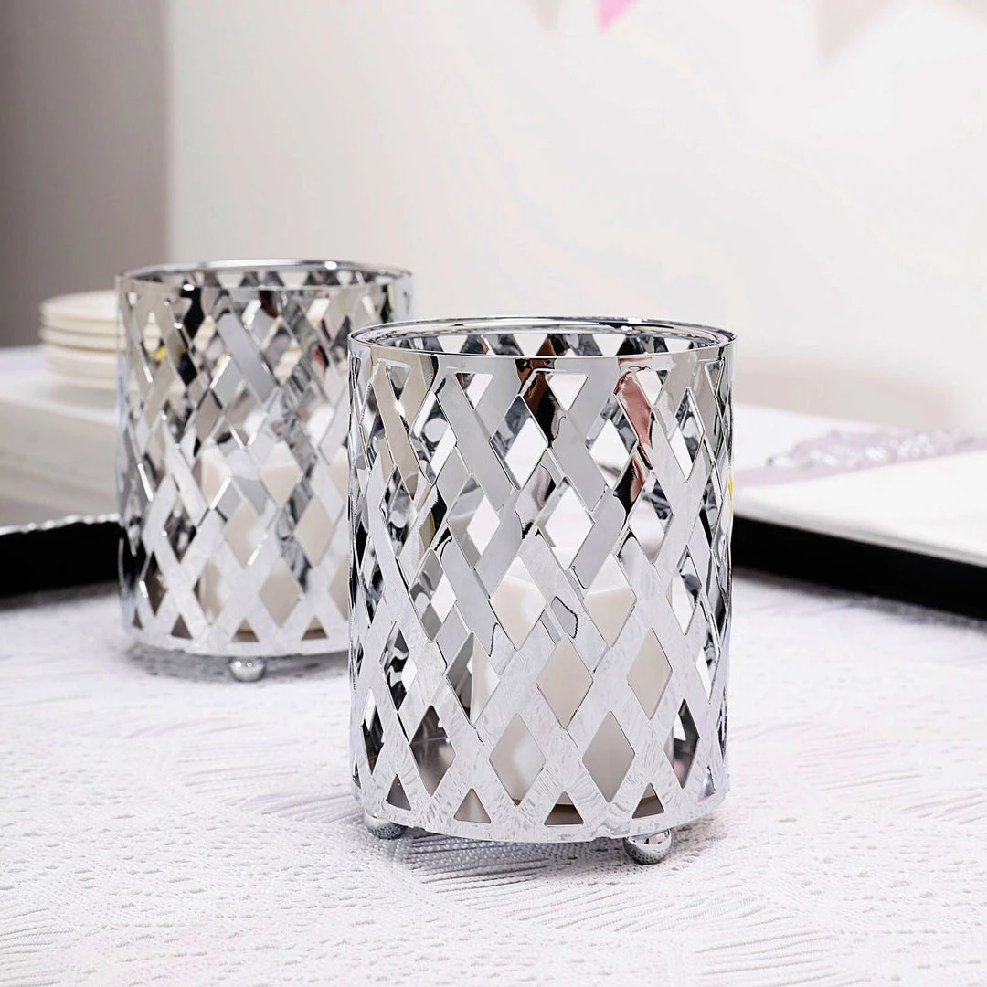 HIER_4310 2 Pack | 4" Metal Silver Candle Holder Set | Criss Cross Design Votive Holder | Wedding Table Centerpieces Chargers & Centerpieces 10 HIER_4310 2 Pack | 4" Metal Silver Candle Holder Set | Criss Cross Design Votive Holder | Wedding Table Centerpieces Chargers & Centerpieces
