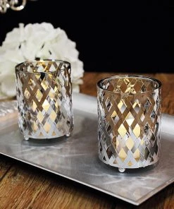 HIER_4310 2 Pack | 4" Metal Silver Candle Holder Set | Criss Cross Design Votive Holder | Wedding Table Centerpieces Chargers & Centerpieces