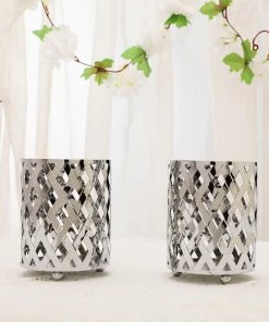 HIER_4310 2 Pack | 4" Metal Silver Candle Holder Set | Criss Cross Design Votive Holder | Wedding Table Centerpieces Chargers & Centerpieces 18 HIER_4310 2 Pack | 4