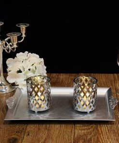 HIER_4310 2 Pack | 4" Metal Silver Candle Holder Set | Criss Cross Design Votive Holder | Wedding Table Centerpieces Chargers & Centerpieces