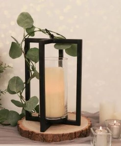 HIER_4310 11" Black Metal Cross Bar Decorative Lantern Candle Holder, Iron Geometric Centerpiece