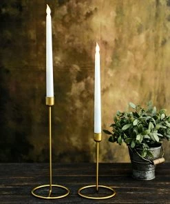 HIER_4310 Set Of 2 | Gold Metal Geometric Taper Candle Holders With Ring Base - 7" , 11" Chargers & Centerpieces