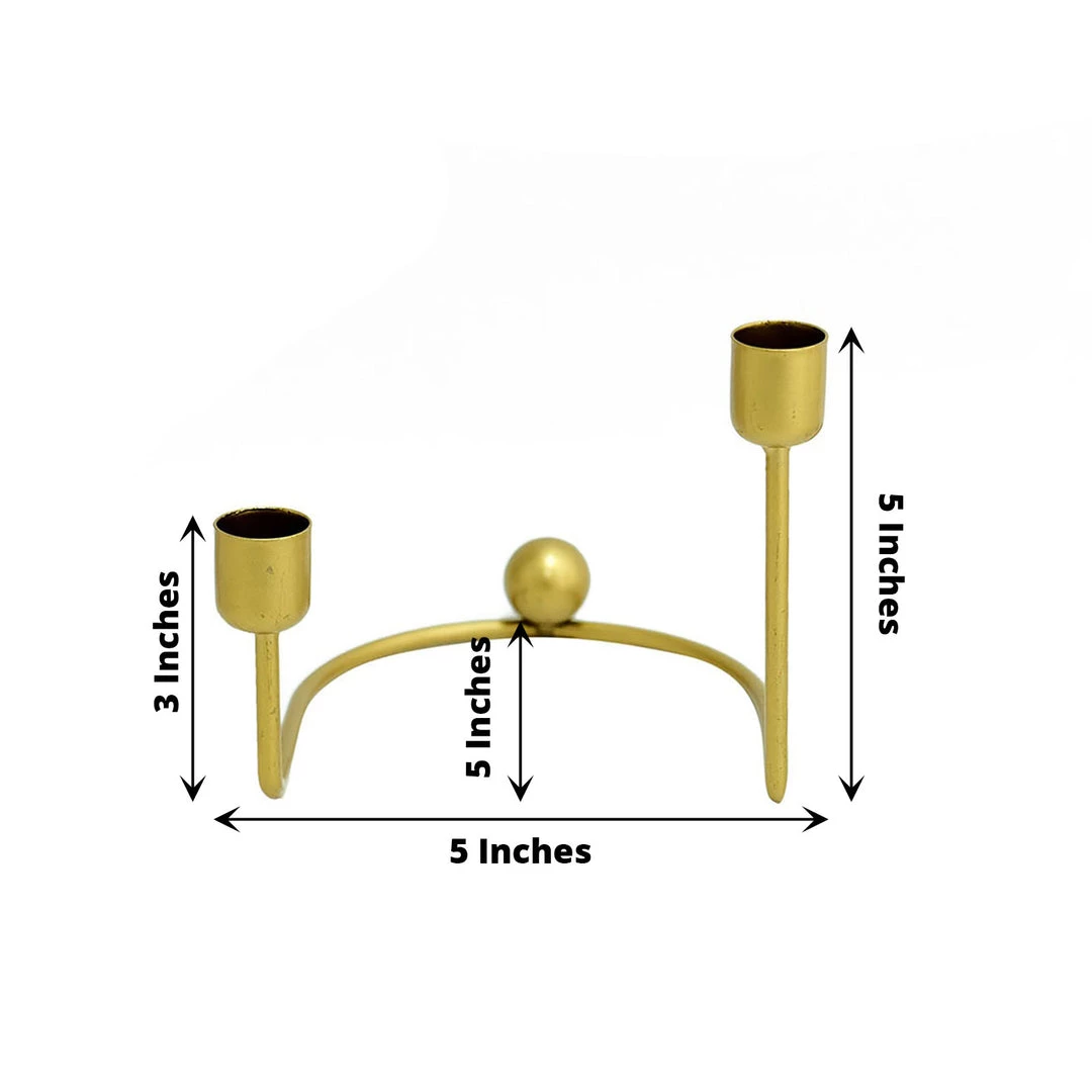 HIER_4310 Chargers & Centerpieces 2 Pack | 2 Arm Gold Metal Geometric Taper Candle Holders With Horseshoe Base - 5" 3 HIER_4310 Chargers & Centerpieces 2 Pack | 2 Arm Gold Metal Geometric Taper Candle Holders With Horseshoe Base - 5"