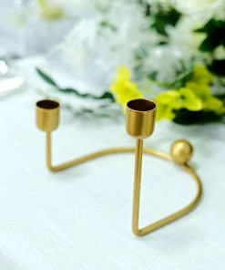 HIER_4310 Chargers & Centerpieces 2 Pack | 2 Arm Gold Metal Geometric Taper Candle Holders With Horseshoe Base - 5"