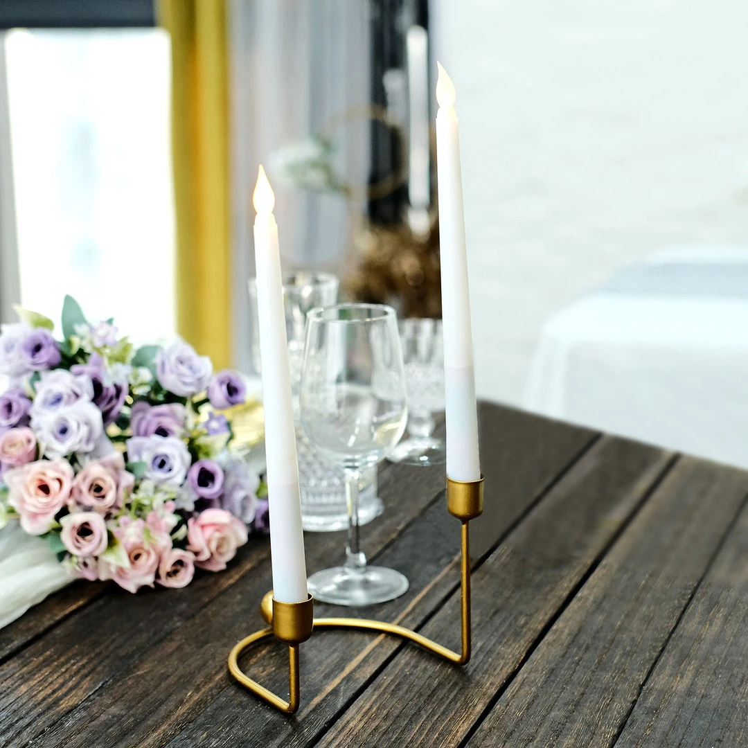 HIER_4310 Chargers & Centerpieces 2 Pack | 2 Arm Gold Metal Geometric Taper Candle Holders With Horseshoe Base - 5" 5 HIER_4310 Chargers & Centerpieces 2 Pack | 2 Arm Gold Metal Geometric Taper Candle Holders With Horseshoe Base - 5"