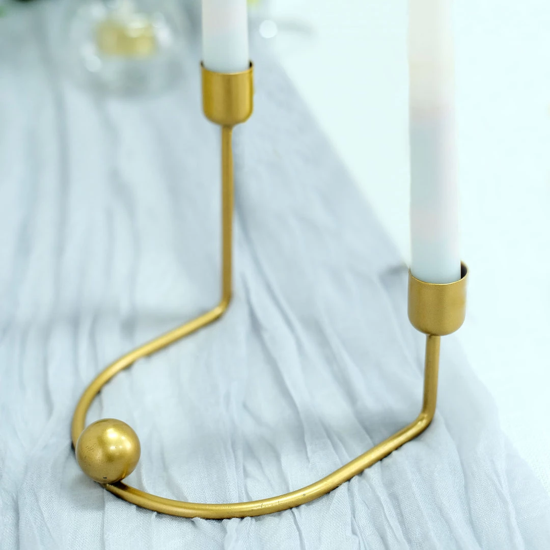 HIER_4310 Chargers & Centerpieces 2 Pack | 2 Arm Gold Metal Geometric Taper Candle Holders With Horseshoe Base - 5" 6 HIER_4310 Chargers & Centerpieces 2 Pack | 2 Arm Gold Metal Geometric Taper Candle Holders With Horseshoe Base - 5"