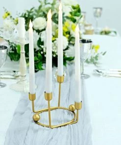 HIER_4310 Chargers & Centerpieces 2 Pack | 2 Arm Gold Metal Geometric Taper Candle Holders With Horseshoe Base - 5" 18 HIER_4310 Chargers & Centerpieces 2 Pack | 2 Arm Gold Metal Geometric Taper Candle Holders With Horseshoe Base - 5