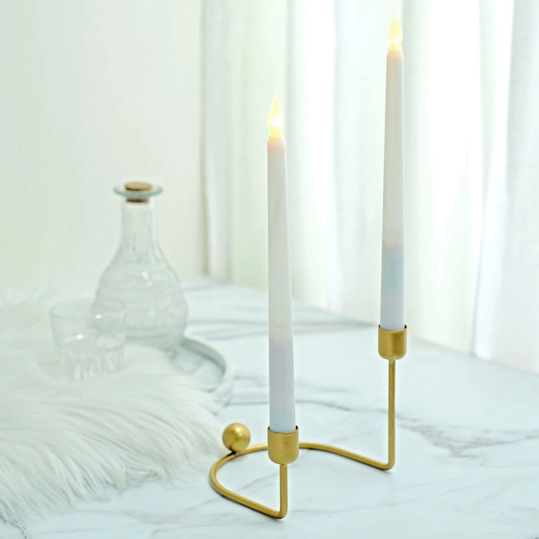 HIER_4310 Chargers & Centerpieces 2 Pack | 2 Arm Gold Metal Geometric Taper Candle Holders With Horseshoe Base - 5" 8 HIER_4310 Chargers & Centerpieces 2 Pack | 2 Arm Gold Metal Geometric Taper Candle Holders With Horseshoe Base - 5"