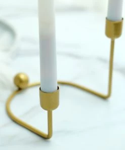 HIER_4310 Chargers & Centerpieces 2 Pack | 2 Arm Gold Metal Geometric Taper Candle Holders With Horseshoe Base - 5" 20 HIER_4310 Chargers & Centerpieces 2 Pack | 2 Arm Gold Metal Geometric Taper Candle Holders With Horseshoe Base - 5