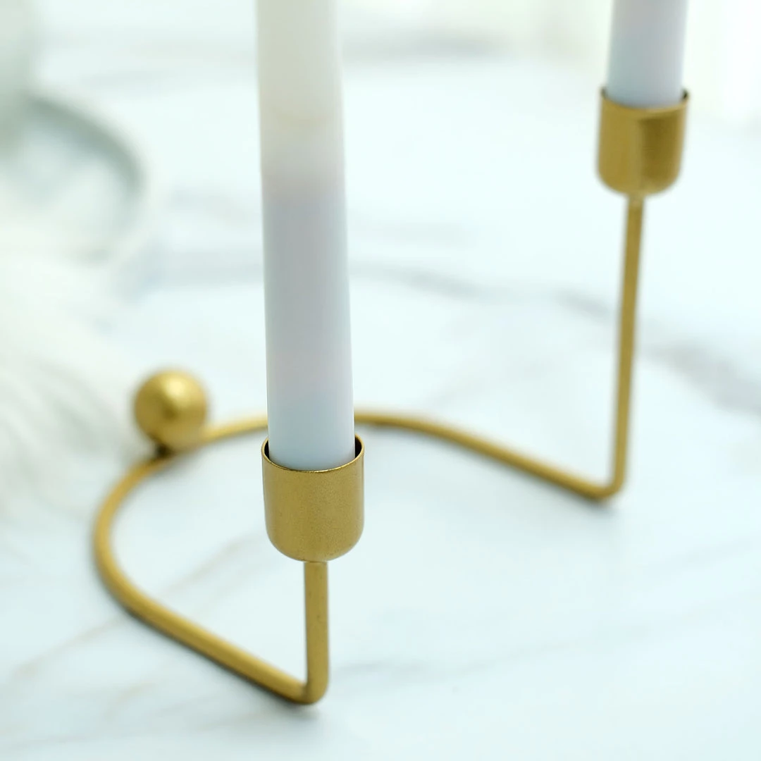 HIER_4310 Chargers & Centerpieces 2 Pack | 2 Arm Gold Metal Geometric Taper Candle Holders With Horseshoe Base - 5" 9 HIER_4310 Chargers & Centerpieces 2 Pack | 2 Arm Gold Metal Geometric Taper Candle Holders With Horseshoe Base - 5"