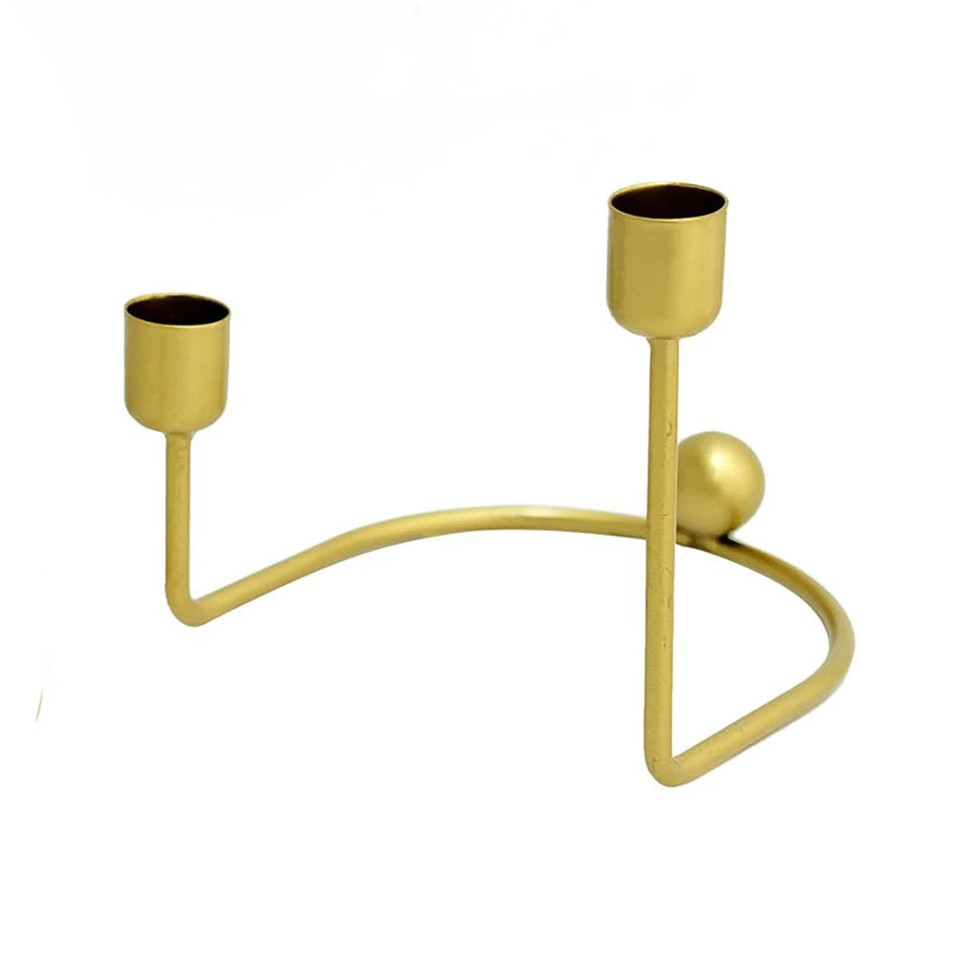 HIER_4310 Chargers & Centerpieces 2 Pack | 2 Arm Gold Metal Geometric Taper Candle Holders With Horseshoe Base - 5" 12 HIER_4310 Chargers & Centerpieces 2 Pack | 2 Arm Gold Metal Geometric Taper Candle Holders With Horseshoe Base - 5"