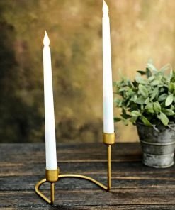 HIER_4310 Chargers & Centerpieces 2 Pack | 2 Arm Gold Metal Geometric Taper Candle Holders With Horseshoe Base - 5"