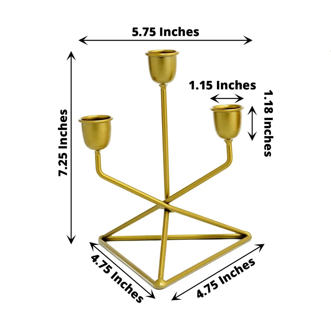 HIER_4310 Chargers & Centerpieces 2 Pack | 3 Arm Gold Metal Geometric Taper Candle Candelabra Holder Centerpiece With Triangle Base - 7" 4 HIER_4310 Chargers & Centerpieces 2 Pack | 3 Arm Gold Metal Geometric Taper Candle Candelabra Holder Centerpiece With Triangle Base - 7"