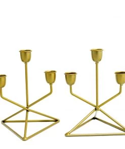 HIER_4310 Chargers & Centerpieces 2 Pack | 3 Arm Gold Metal Geometric Taper Candle Candelabra Holder Centerpiece With Triangle Base - 7" 20 HIER_4310 Chargers & Centerpieces 2 Pack | 3 Arm Gold Metal Geometric Taper Candle Candelabra Holder Centerpiece With Triangle Base - 7