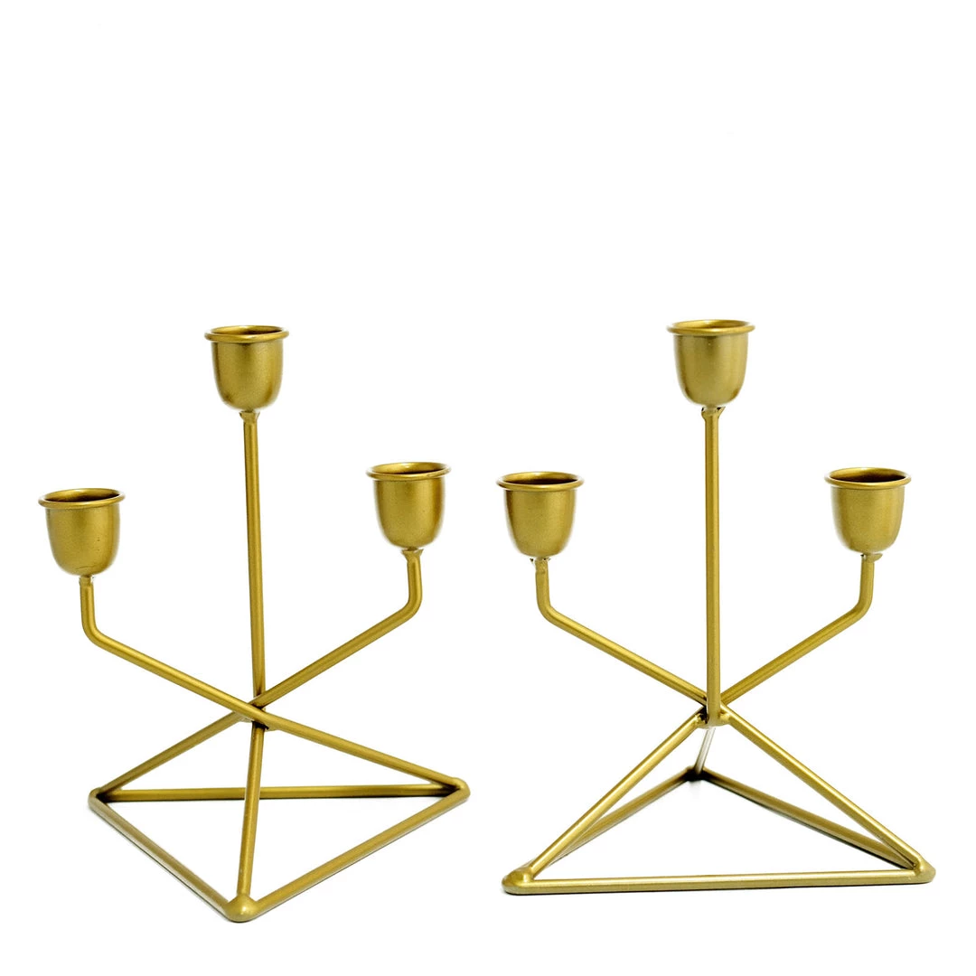 HIER_4310 Chargers & Centerpieces 2 Pack | 3 Arm Gold Metal Geometric Taper Candle Candelabra Holder Centerpiece With Triangle Base - 7" 10 HIER_4310 Chargers & Centerpieces 2 Pack | 3 Arm Gold Metal Geometric Taper Candle Candelabra Holder Centerpiece With Triangle Base - 7"