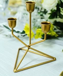 HIER_4310 Chargers & Centerpieces 2 Pack | 3 Arm Gold Metal Geometric Taper Candle Candelabra Holder Centerpiece With Triangle Base - 7"