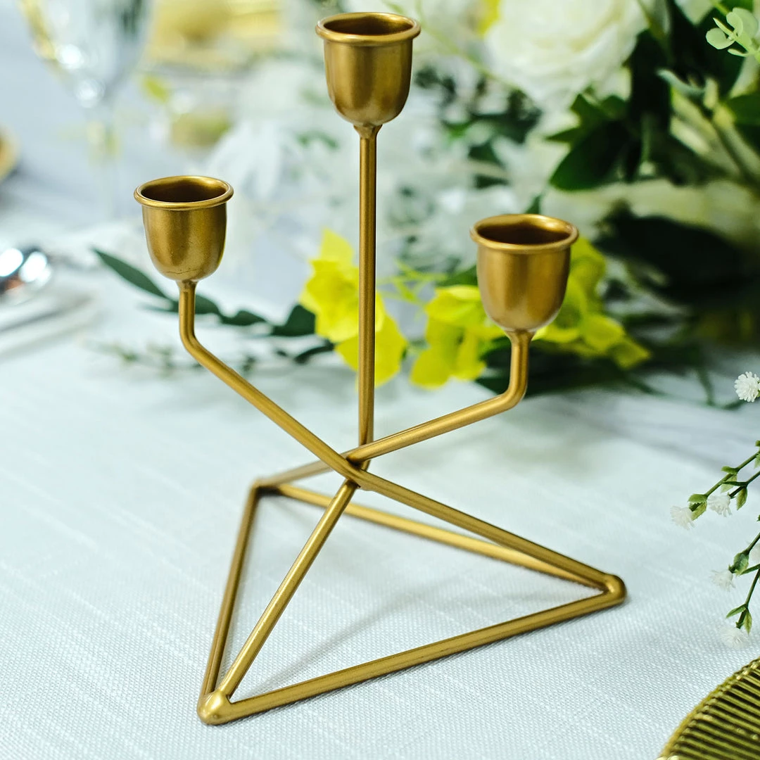 HIER_4310 Chargers & Centerpieces 2 Pack | 3 Arm Gold Metal Geometric Taper Candle Candelabra Holder Centerpiece With Triangle Base - 7" 2 HIER_4310 Chargers & Centerpieces 2 Pack | 3 Arm Gold Metal Geometric Taper Candle Candelabra Holder Centerpiece With Triangle Base - 7"
