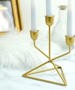 HIER_4310 Chargers & Centerpieces 2 Pack | 3 Arm Gold Metal Geometric Taper Candle Candelabra Holder Centerpiece With Triangle Base - 7" 16 HIER_4310 Chargers & Centerpieces 2 Pack | 3 Arm Gold Metal Geometric Taper Candle Candelabra Holder Centerpiece With Triangle Base - 7