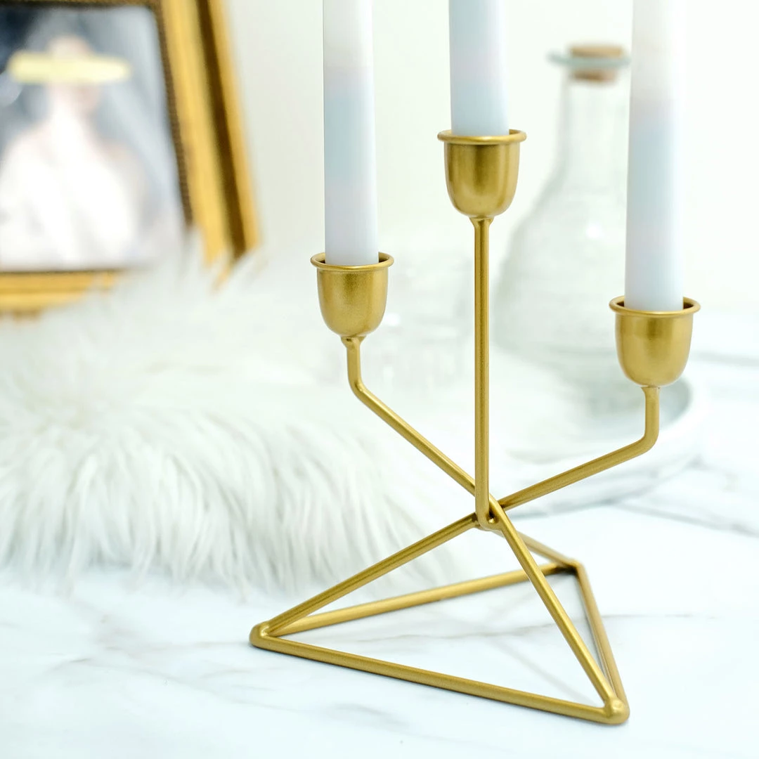 HIER_4310 Chargers & Centerpieces 2 Pack | 3 Arm Gold Metal Geometric Taper Candle Candelabra Holder Centerpiece With Triangle Base - 7" 6 HIER_4310 Chargers & Centerpieces 2 Pack | 3 Arm Gold Metal Geometric Taper Candle Candelabra Holder Centerpiece With Triangle Base - 7"