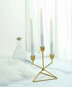 HIER_4310 Chargers & Centerpieces 2 Pack | 3 Arm Gold Metal Geometric Taper Candle Candelabra Holder Centerpiece With Triangle Base - 7" 17 HIER_4310 Chargers & Centerpieces 2 Pack | 3 Arm Gold Metal Geometric Taper Candle Candelabra Holder Centerpiece With Triangle Base - 7