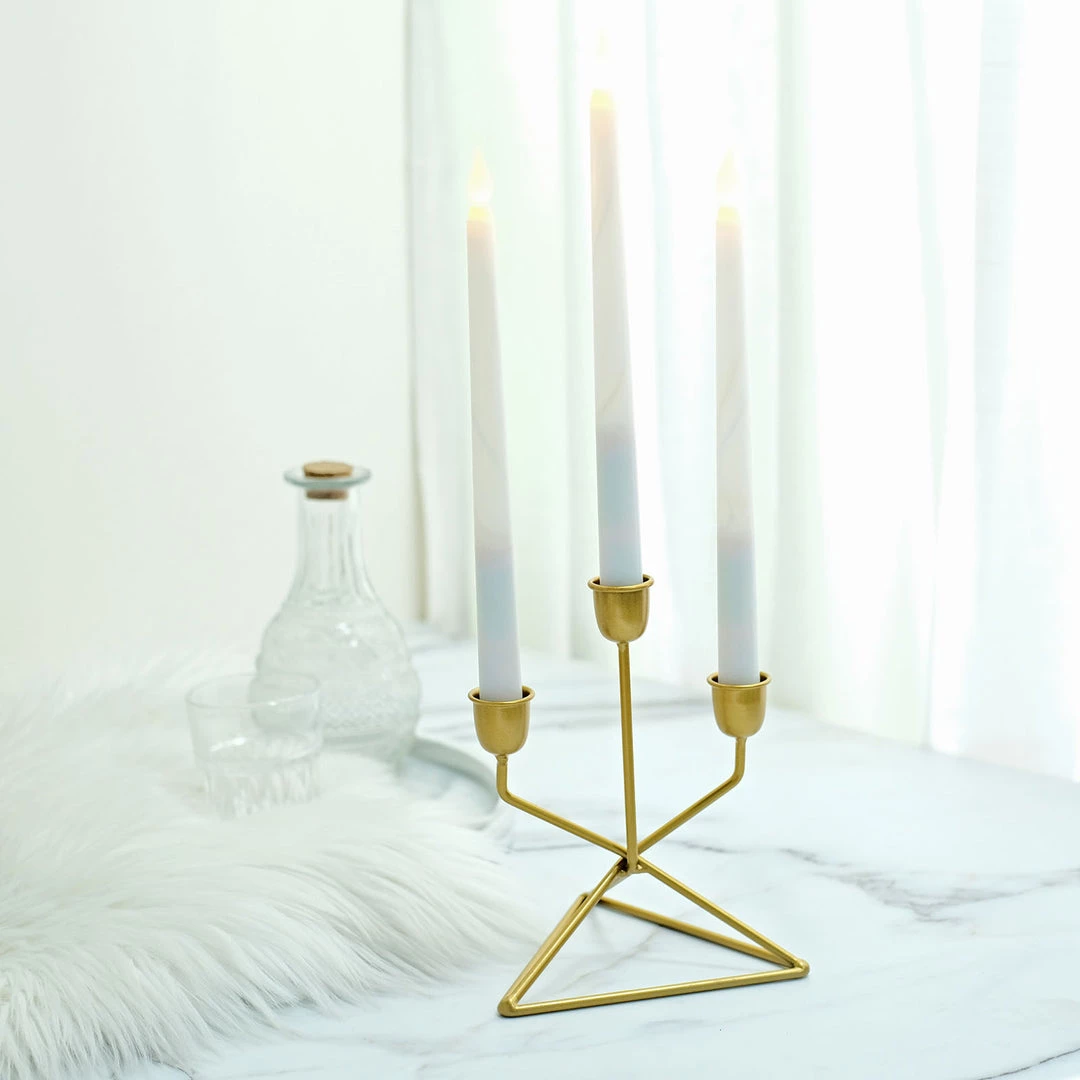 HIER_4310 Chargers & Centerpieces 2 Pack | 3 Arm Gold Metal Geometric Taper Candle Candelabra Holder Centerpiece With Triangle Base - 7" 7 HIER_4310 Chargers & Centerpieces 2 Pack | 3 Arm Gold Metal Geometric Taper Candle Candelabra Holder Centerpiece With Triangle Base - 7"