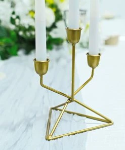 HIER_4310 Chargers & Centerpieces 2 Pack | 3 Arm Gold Metal Geometric Taper Candle Candelabra Holder Centerpiece With Triangle Base - 7" 18 HIER_4310 Chargers & Centerpieces 2 Pack | 3 Arm Gold Metal Geometric Taper Candle Candelabra Holder Centerpiece With Triangle Base - 7