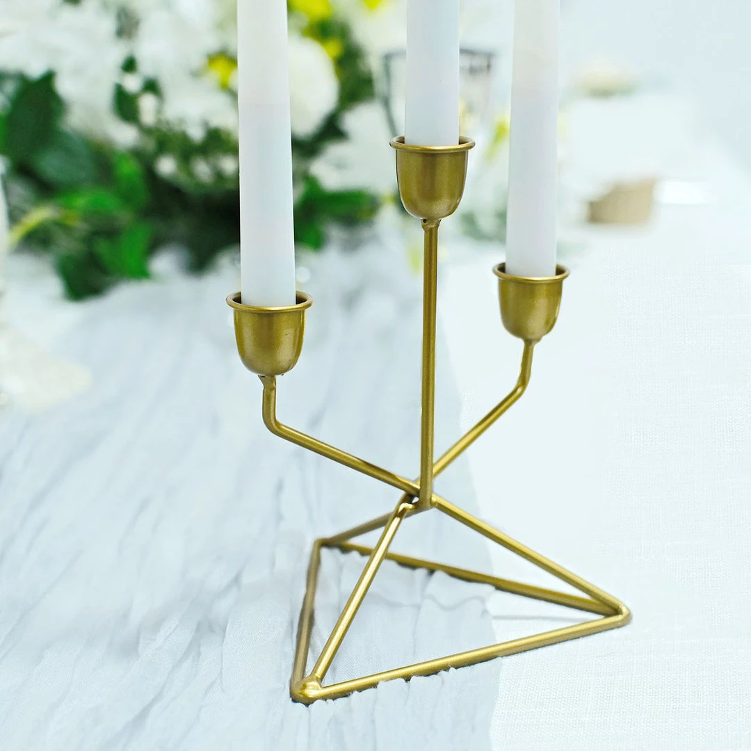 HIER_4310 Chargers & Centerpieces 2 Pack | 3 Arm Gold Metal Geometric Taper Candle Candelabra Holder Centerpiece With Triangle Base - 7" 8 HIER_4310 Chargers & Centerpieces 2 Pack | 3 Arm Gold Metal Geometric Taper Candle Candelabra Holder Centerpiece With Triangle Base - 7"