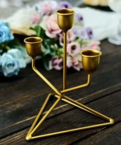 HIER_4310 Chargers & Centerpieces 2 Pack | 3 Arm Gold Metal Geometric Taper Candle Candelabra Holder Centerpiece With Triangle Base - 7" 19 HIER_4310 Chargers & Centerpieces 2 Pack | 3 Arm Gold Metal Geometric Taper Candle Candelabra Holder Centerpiece With Triangle Base - 7