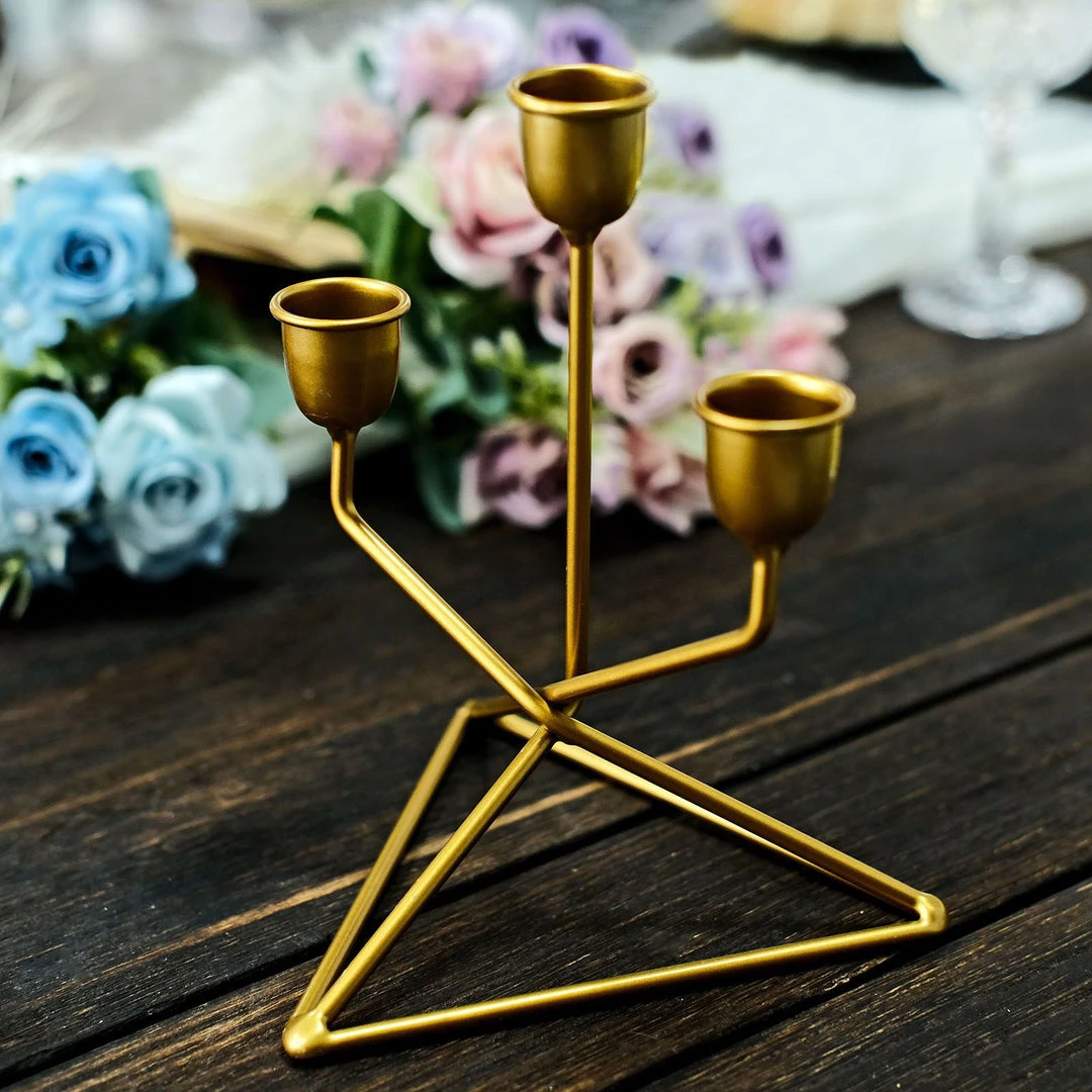 HIER_4310 Chargers & Centerpieces 2 Pack | 3 Arm Gold Metal Geometric Taper Candle Candelabra Holder Centerpiece With Triangle Base - 7" 9 HIER_4310 Chargers & Centerpieces 2 Pack | 3 Arm Gold Metal Geometric Taper Candle Candelabra Holder Centerpiece With Triangle Base - 7"