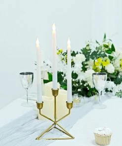 HIER_4310 Chargers & Centerpieces 2 Pack | 3 Arm Gold Metal Geometric Taper Candle Candelabra Holder Centerpiece With Triangle Base - 7" 13 HIER_4310 Chargers & Centerpieces 2 Pack | 3 Arm Gold Metal Geometric Taper Candle Candelabra Holder Centerpiece With Triangle Base - 7