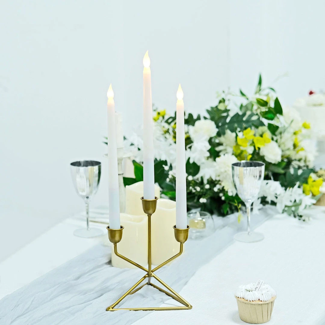 HIER_4310 Chargers & Centerpieces 2 Pack | 3 Arm Gold Metal Geometric Taper Candle Candelabra Holder Centerpiece With Triangle Base - 7" 3 HIER_4310 Chargers & Centerpieces 2 Pack | 3 Arm Gold Metal Geometric Taper Candle Candelabra Holder Centerpiece With Triangle Base - 7"
