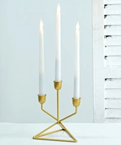 HIER_4310 Chargers & Centerpieces 2 Pack | 3 Arm Gold Metal Geometric Taper Candle Candelabra Holder Centerpiece With Triangle Base - 7" 15 HIER_4310 Chargers & Centerpieces 2 Pack | 3 Arm Gold Metal Geometric Taper Candle Candelabra Holder Centerpiece With Triangle Base - 7