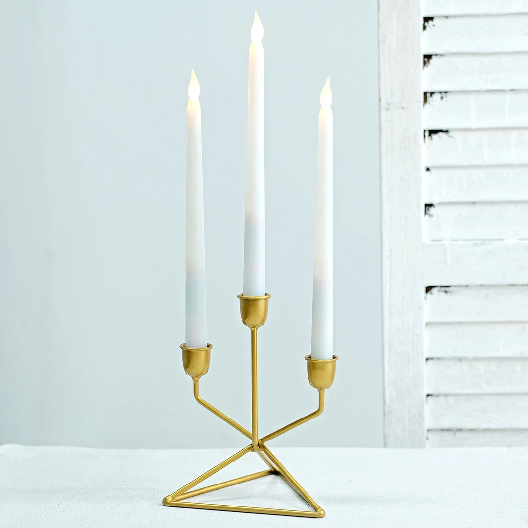 HIER_4310 Chargers & Centerpieces 2 Pack | 3 Arm Gold Metal Geometric Taper Candle Candelabra Holder Centerpiece With Triangle Base - 7" 5 HIER_4310 Chargers & Centerpieces 2 Pack | 3 Arm Gold Metal Geometric Taper Candle Candelabra Holder Centerpiece With Triangle Base - 7"