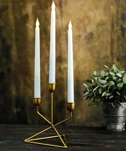 HIER_4310 Chargers & Centerpieces 2 Pack | 3 Arm Gold Metal Geometric Taper Candle Candelabra Holder Centerpiece With Triangle Base - 7"