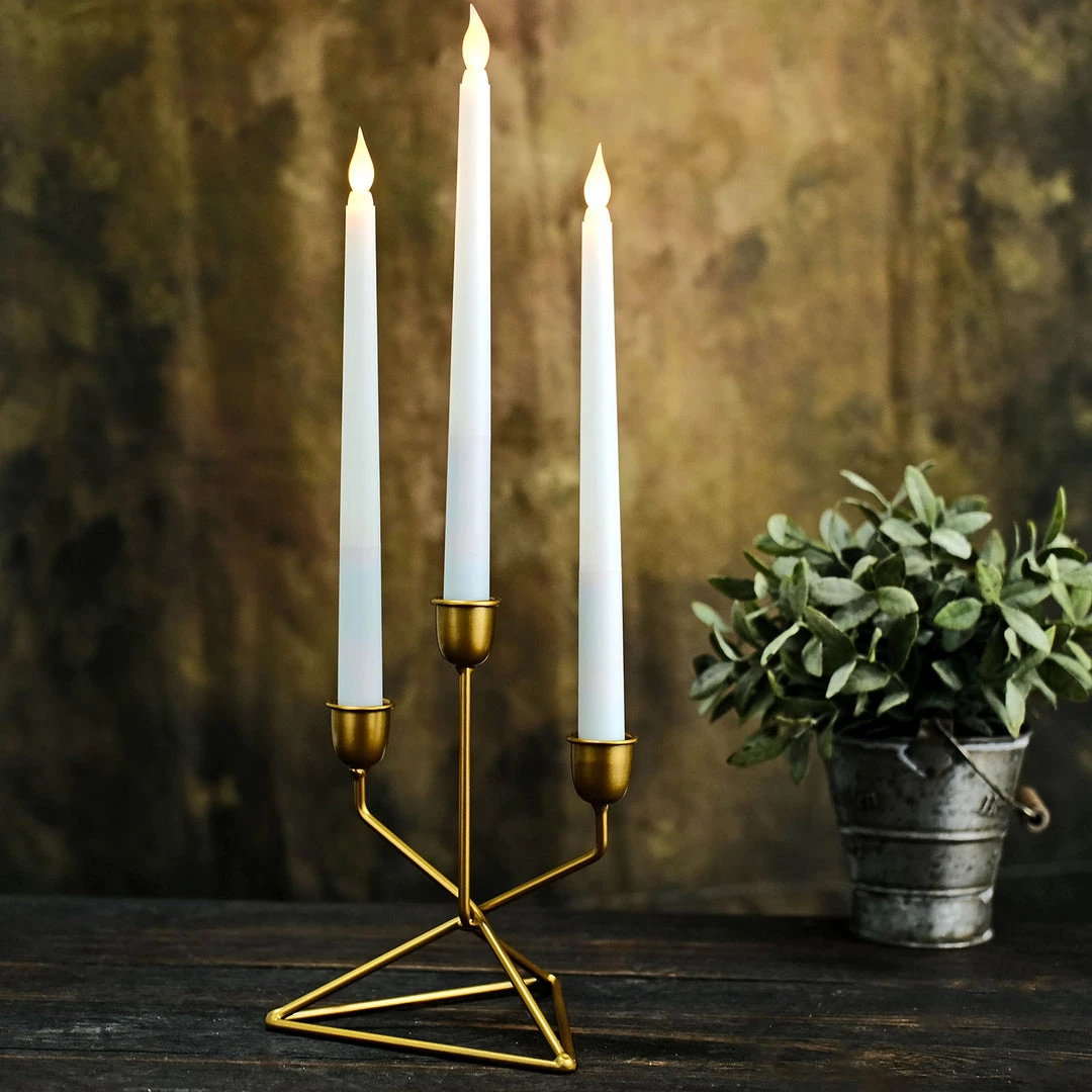 HIER_4310 Chargers & Centerpieces 2 Pack | 3 Arm Gold Metal Geometric Taper Candle Candelabra Holder Centerpiece With Triangle Base - 7" 1 HIER_4310 Chargers & Centerpieces 2 Pack | 3 Arm Gold Metal Geometric Taper Candle Candelabra Holder Centerpiece With Triangle Base - 7"