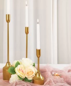 HIER_4310 Chargers & Centerpieces Set Of 3 | Gold Taper Candle Holder Set With Heavy Metal Base, Metal Candlestick Holders - 9