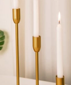 HIER_4310 Chargers & Centerpieces Set Of 3 | Gold Taper Candle Holder Set With Heavy Metal Base, Metal Candlestick Holders - 9