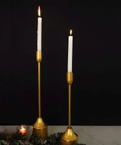 HIER_4310 Chargers & Centerpieces Set Of 3 | Gold Taper Candle Holder Set With Heavy Metal Base, Metal Candlestick Holders - 9