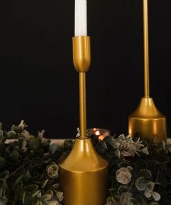 HIER_4310 Chargers & Centerpieces Set Of 3 | Gold Taper Candle Holder Set With Heavy Metal Base, Metal Candlestick Holders - 9