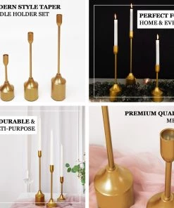 HIER_4310 Chargers & Centerpieces Set Of 3 | Gold Taper Candle Holder Set With Heavy Metal Base, Metal Candlestick Holders - 9