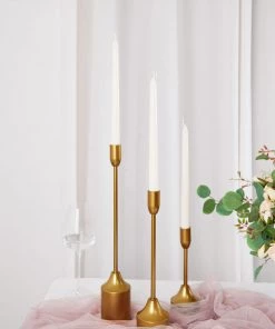 HIER_4310 Chargers & Centerpieces Set Of 3 | Gold Taper Candle Holder Set With Heavy Metal Base, Metal Candlestick Holders - 9