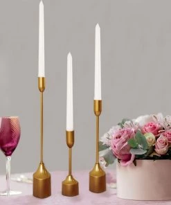 HIER_4310 Chargers & Centerpieces Set Of 3 | Gold Taper Candle Holder Set With Heavy Metal Base, Metal Candlestick Holders - 9