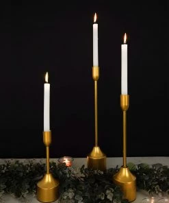 HIER_4310 Chargers & Centerpieces Set Of 3 | Gold Taper Candle Holder Set With Heavy Metal Base, Metal Candlestick Holders - 9