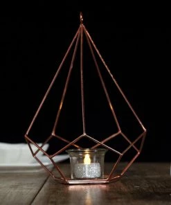 HIER_4330 2 Pack | 9" Rose Gold Metal Pentagon Geometric Tealight Candle Holders | Geometric Flower Stand Centerpieces