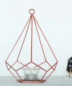 HIER_4330 2 Pack | 9" Rose Gold Metal Pentagon Geometric Tealight Candle Holders | Geometric Flower Stand Centerpieces
