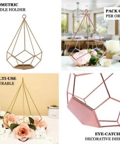 HIER_4330 2 Pack | 9" Gold Metal Pentagon Geometric Tealight Candle Holders | Geometric Flower Stand Centerpieces 24 HIER_4330 2 Pack | 9