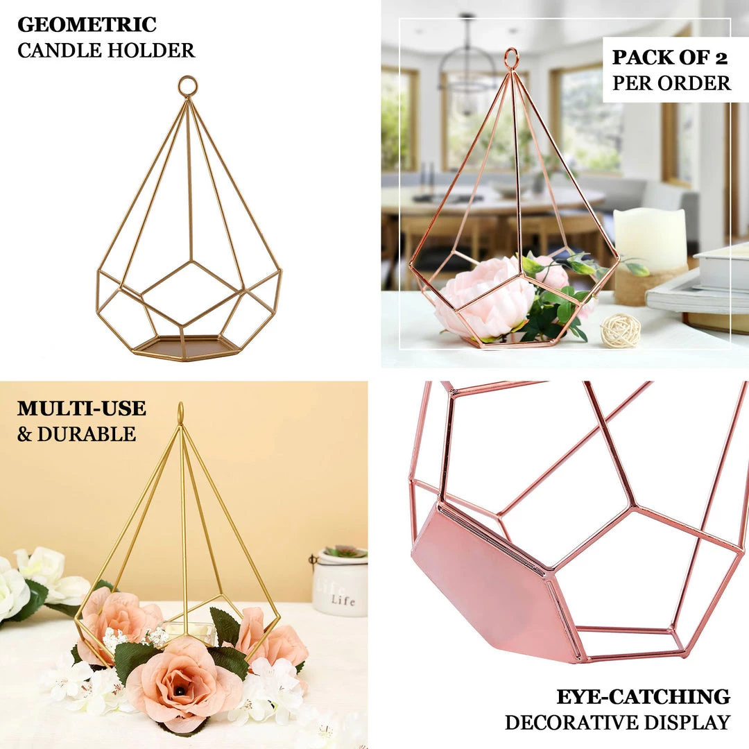 HIER_4330 2 Pack | 9" Gold Metal Pentagon Geometric Tealight Candle Holders | Geometric Flower Stand Centerpieces 4 HIER_4330 2 Pack | 9" Gold Metal Pentagon Geometric Tealight Candle Holders | Geometric Flower Stand Centerpieces