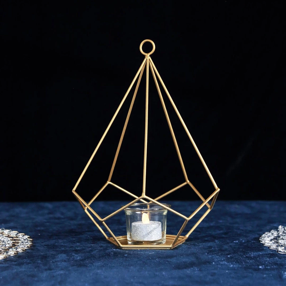HIER_4330 2 Pack | 9" Gold Metal Pentagon Geometric Tealight Candle Holders | Geometric Flower Stand Centerpieces 10 HIER_4330 2 Pack | 9" Gold Metal Pentagon Geometric Tealight Candle Holders | Geometric Flower Stand Centerpieces