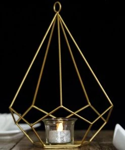 HIER_4330 2 Pack | 9" Gold Metal Pentagon Geometric Tealight Candle Holders | Geometric Flower Stand Centerpieces